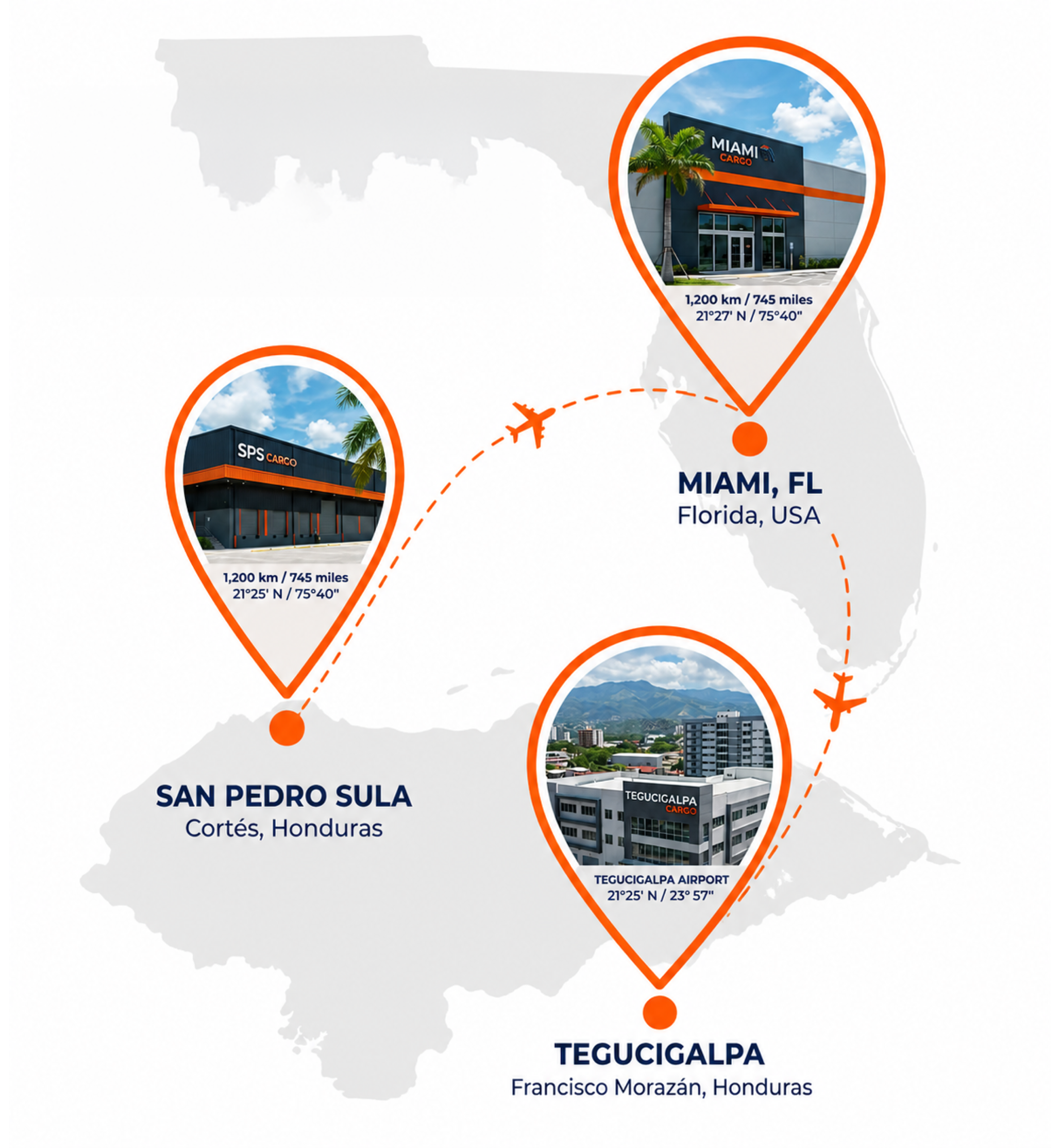 Mapa con ubicaciones de sucursales Pronto Cargo en Miami, San Pedro Sula y Tegucigalpa